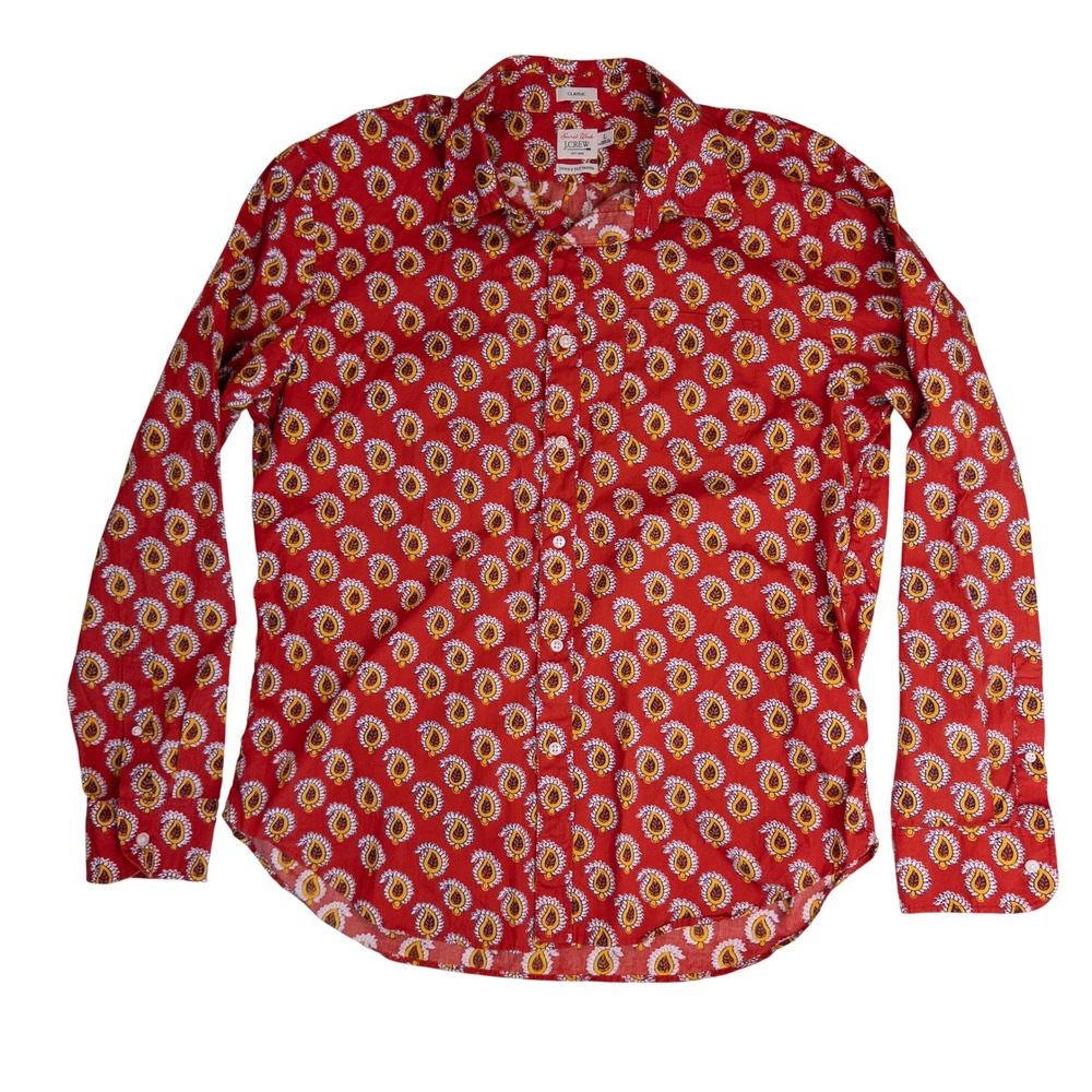 J. Crew Secret Wash Shirt Men Large Red Paisley Classic Fit 100s 2-Ply Excellent